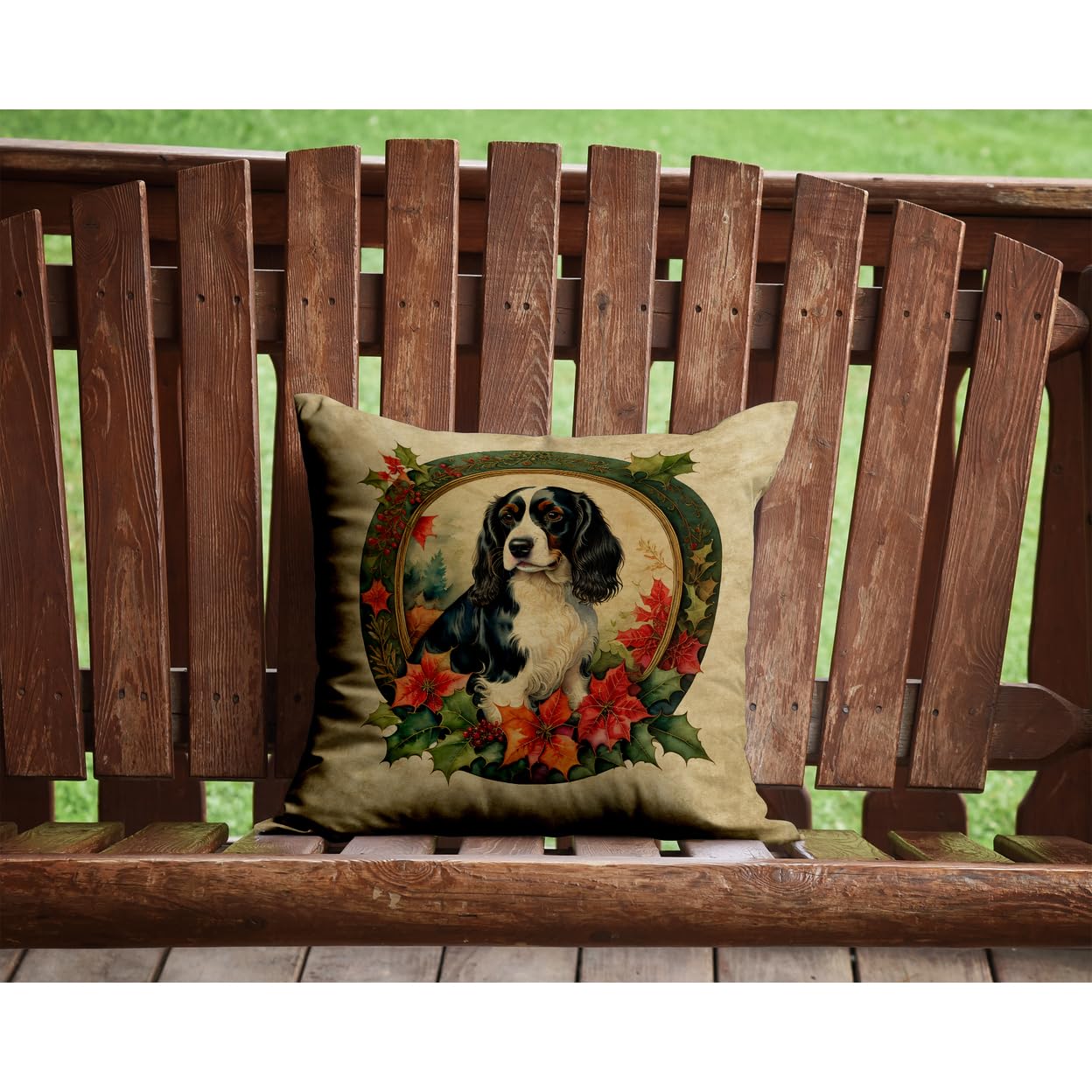 Caroline's Treasures DAC2359PW1414 English Springer Spaniel Christmas Flowers Throw Pillow Machine Washable, Indoor Outdoor Decorative Pillow for Couch, Bed or Patio, 14Hx14W