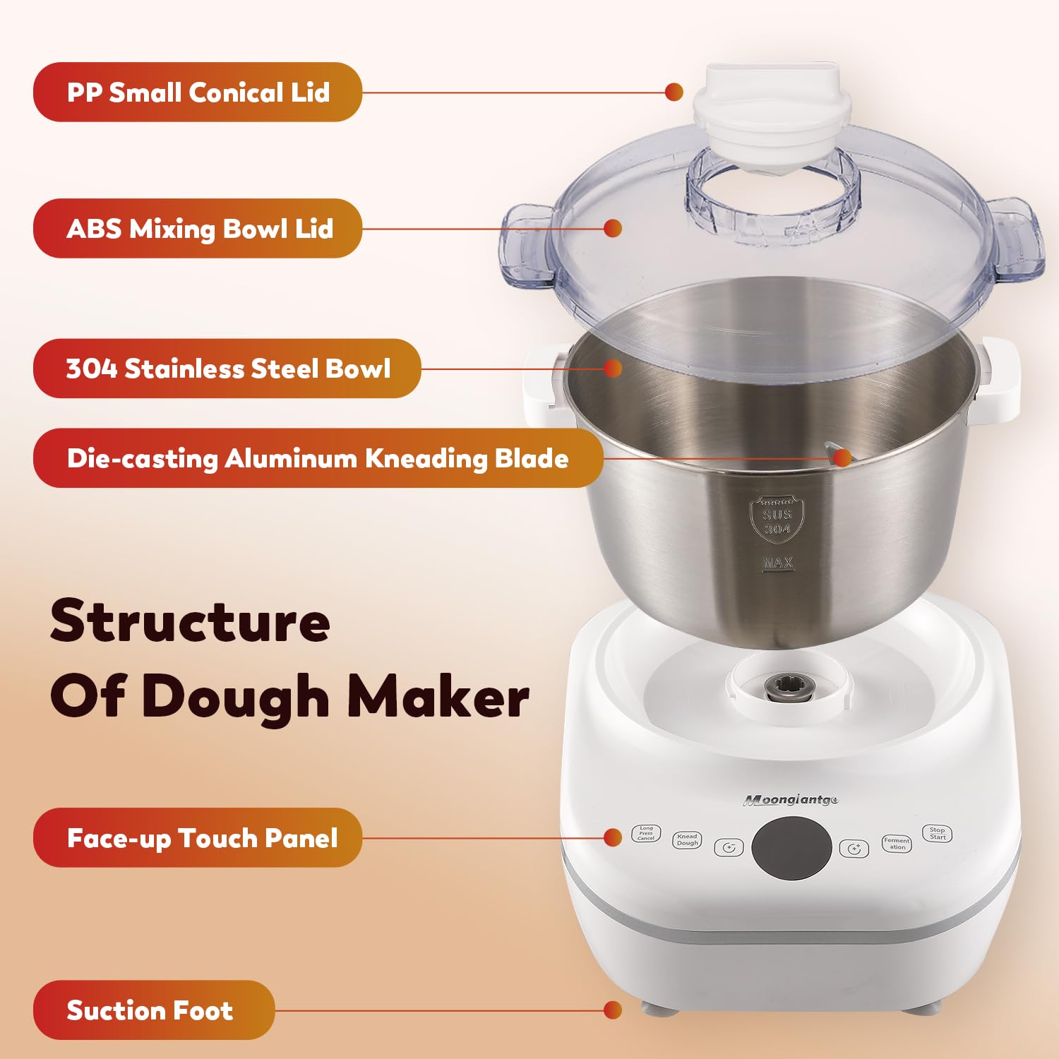 Moongiantgo 5L Dough Maker with Ferment Function, 200W Dough Kneading Machine with 304 Stainless Steel Bowl, Low Noise Operation, Microcomputer Timing, Touch Panel (White)