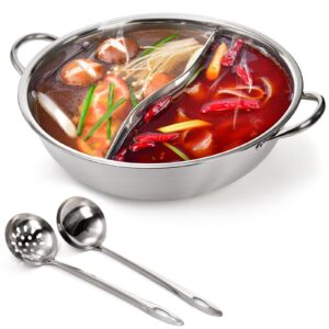 peohud stainless steel hot pot with divider, 12 inches double-flavor shabu shabu pot with ladle and slotted spoon, dual sided soup cookware for induction cooktop gas stove