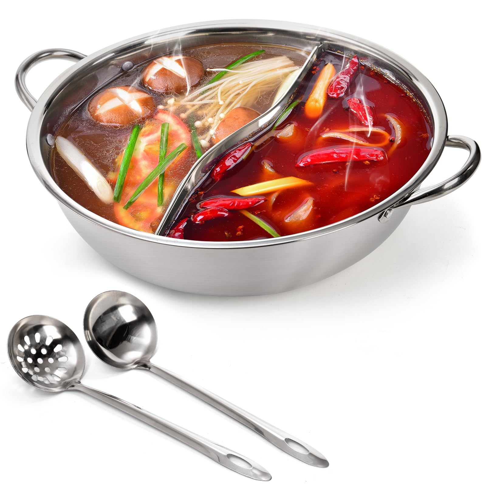 Peohud Stainless Steel Hot Pot with Divider, 12 Inches Double-flavor Shabu Shabu Pot with Ladle and Slotted Spoon, Dual Sided Soup Cookware for Induction Cooktop Gas Stove