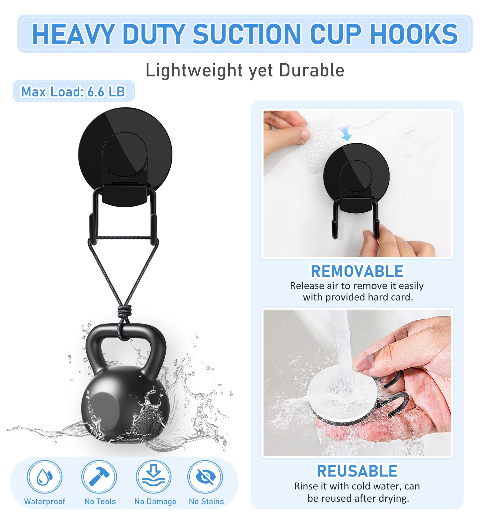 VIS'V Suction Cup Hooks, Black Shower Suction Hooks Heavy Duty Suction Cups with Double Hooks Removable Reusable Bathroom Suction Razor Holder for Tile Wall Glass Door Window - 2 Pcs