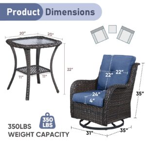 Outdoor Swivel Rocker Patio Chairs with Side Table 3 Pieces PE Wicker Patio Furniture Set for Porch Deck Balcony Garden-Brown/Blue