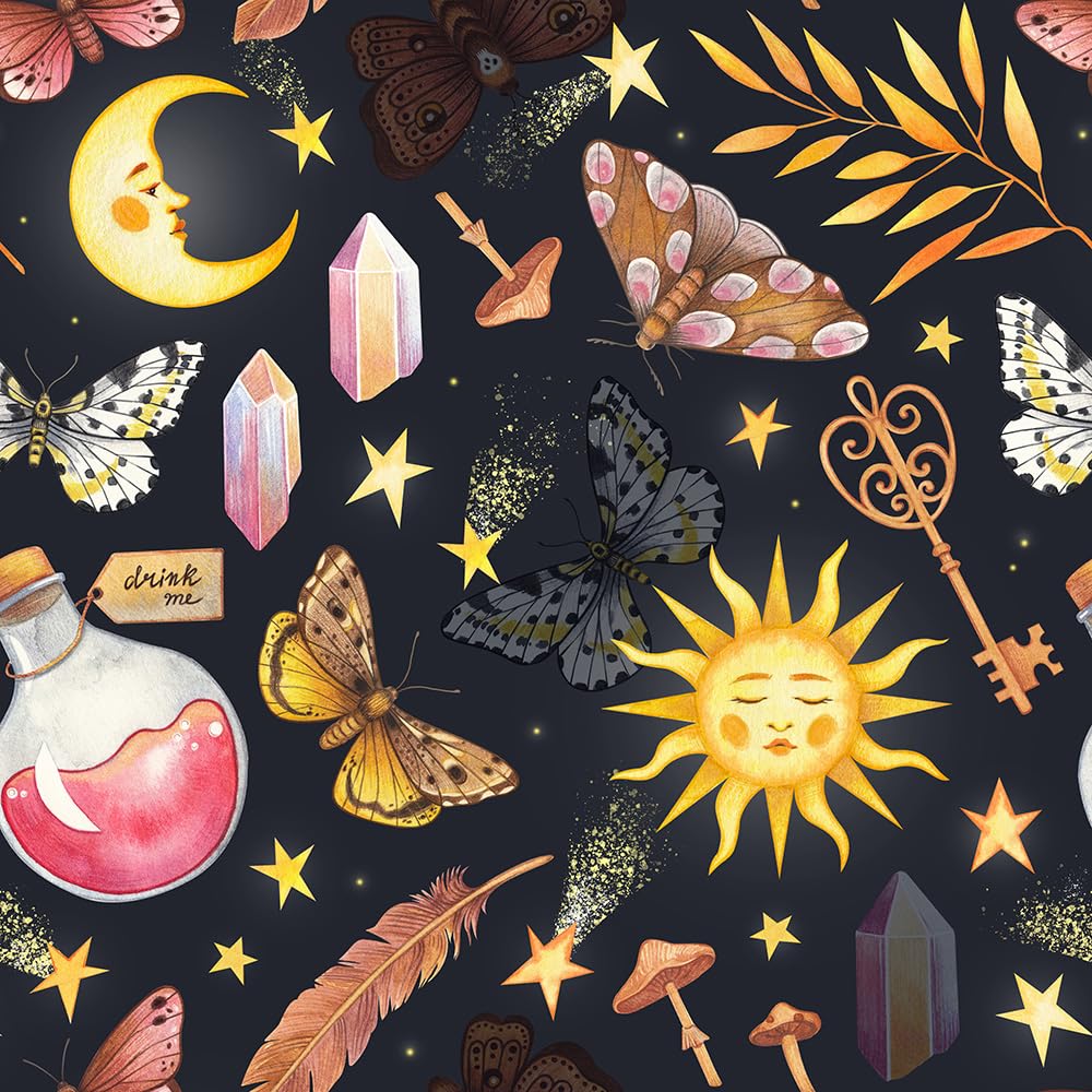 BEETAL Black Navy Fantasy Magical Sun Moon Crystal Butterfly Mushroom Stars Peel and Stick Wallpaper Easy Peel Off Contact Paper Stick on Adhesive Wall Paper for Bathroom Waterproof Renter