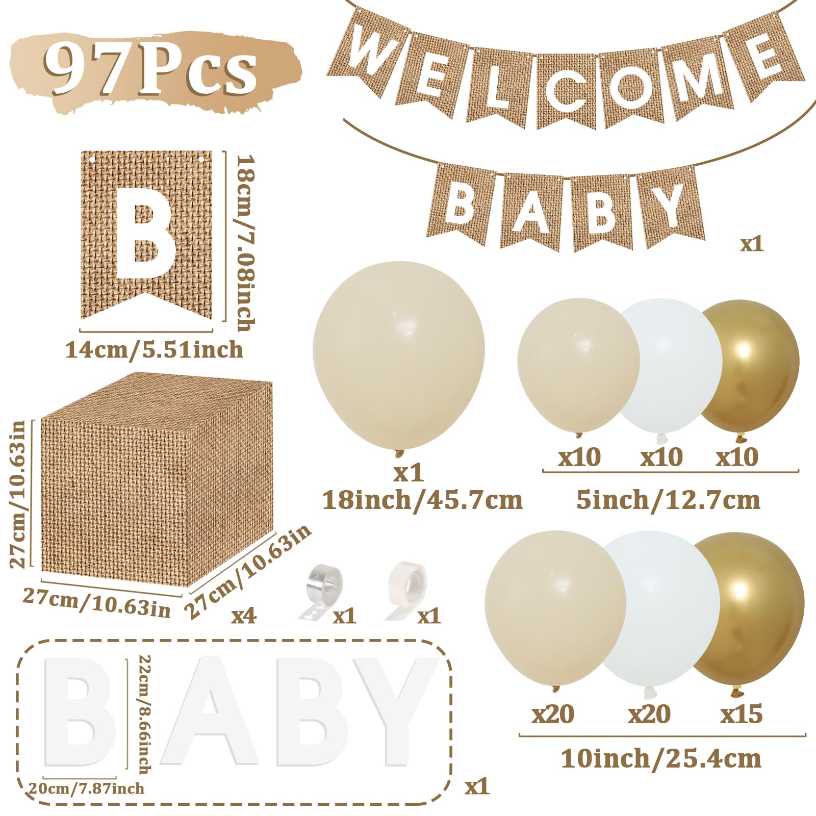 Boho Baby Shower Decorations-97Pcs Burlap Grain Baby Boxes,Nude and Gold Balloons Arch Kit and "WELCOME BABY" Banner for Neutral Baby Shower Decorations,Birthday Party Supplies,Gender Reveal