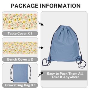 Britown Picnic Table Cover with Bench Covers Elastic Edges, Wild Flower Fitted Table Cover, Outdoor Patio Camping Essentials 72 Inch 3PCS, Waterproof Camping Fitted Tablecloth with Drawstring Bag