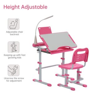 Real Relax Kids Desk and Chair Set, Height Adjustable Children's School Study Writing Tables with Tilt Desktop, LED Light, Storage Drawer, Metal Hook, Book Stand, Pink