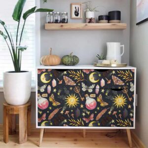 BEETAL Black Navy Fantasy Magical Sun Moon Crystal Butterfly Mushroom Stars Peel and Stick Wallpaper Easy Peel Off Contact Paper Stick on Adhesive Wall Paper for Bathroom Waterproof Renter