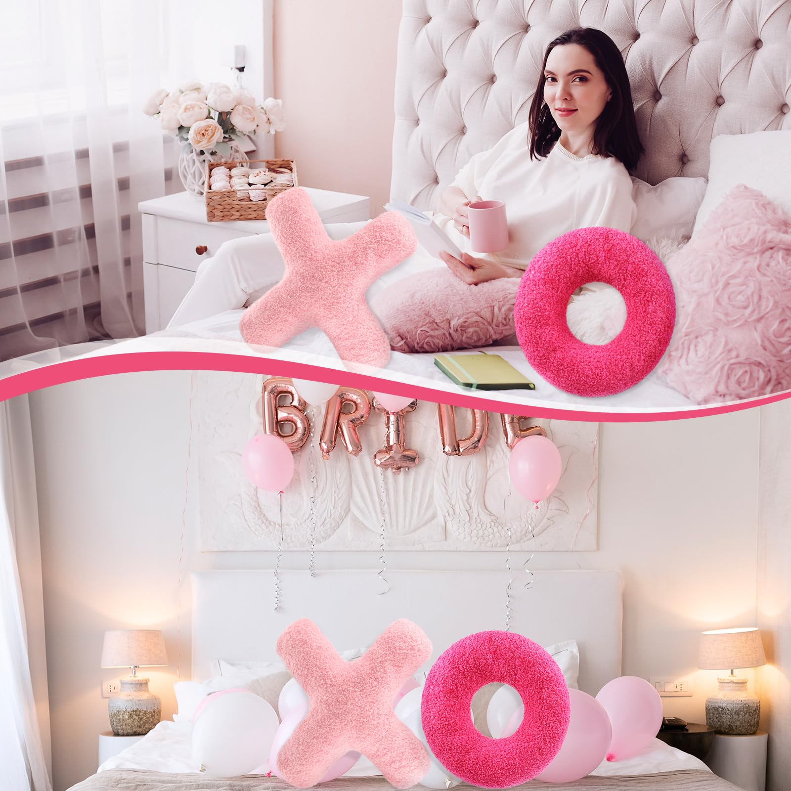 Muglunar 2 Pcs Coquette Throw Pillow Cute XO Pillow Plush Fuzzy Pink Cushion for Girly Friends Children Wedding Living/Dining Room Gift Pink Valentines Day Decor