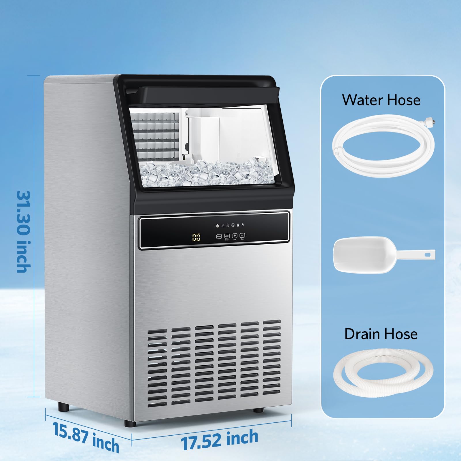 COWSAR Commercial Cube Ice Maker, Ice Maker Machine with LED Screen, 100lbs/24H, 45 Ice Cubes/Cycle, Automatic Water Supply Function, 48H Timer & Self-Cleaning, Ice Machine for Restaurant, Bars, Cafe