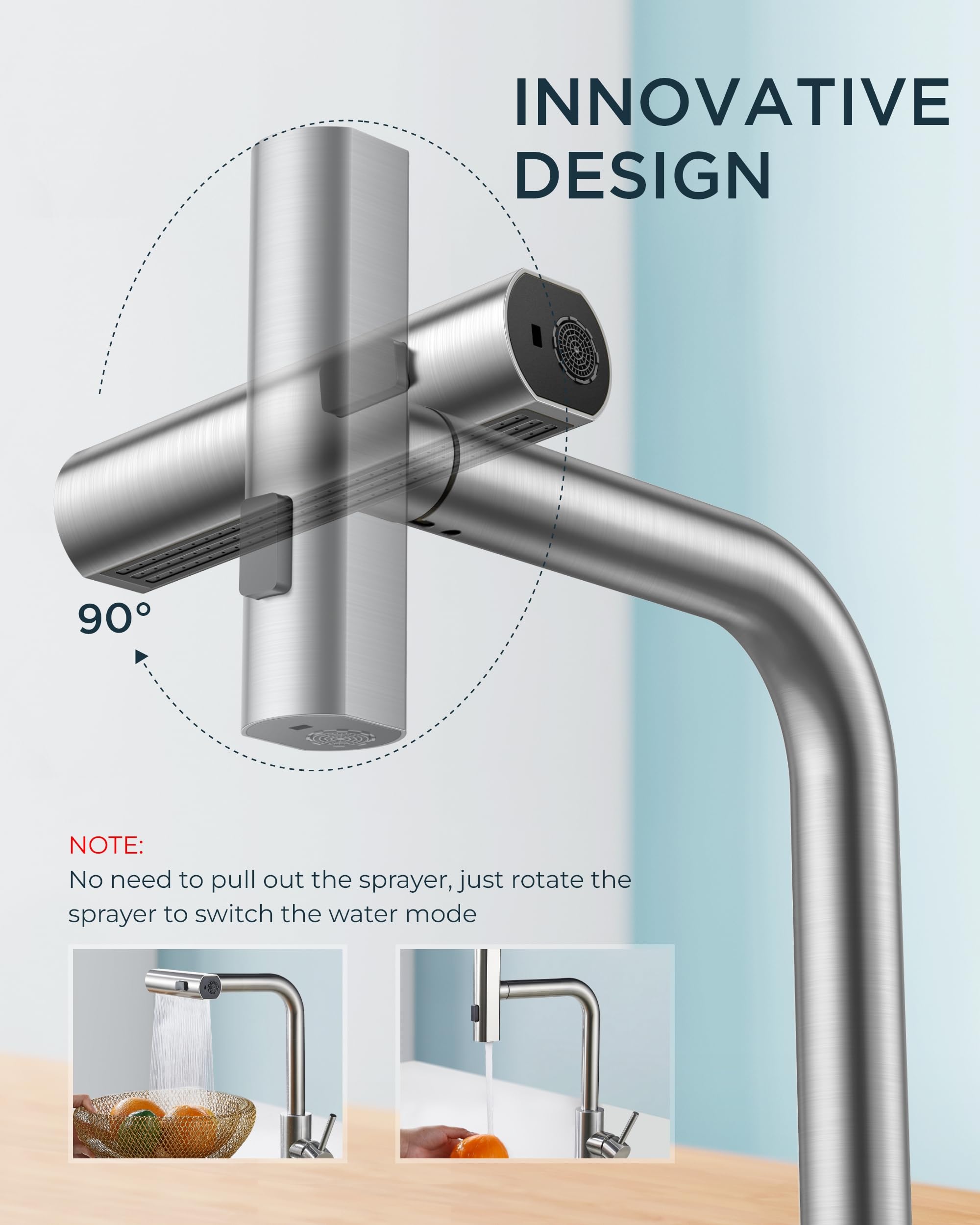 FORIOUS Kitchen Faucet with Pull Down Sprayer, Brushed Nickel Kitchen Faucets Stainless Steel, Waterfall Kitchen Sink Faucet 3 in 1 Function, Modern Faucet for Kitchen Sink, Bar, Laundry, Rv