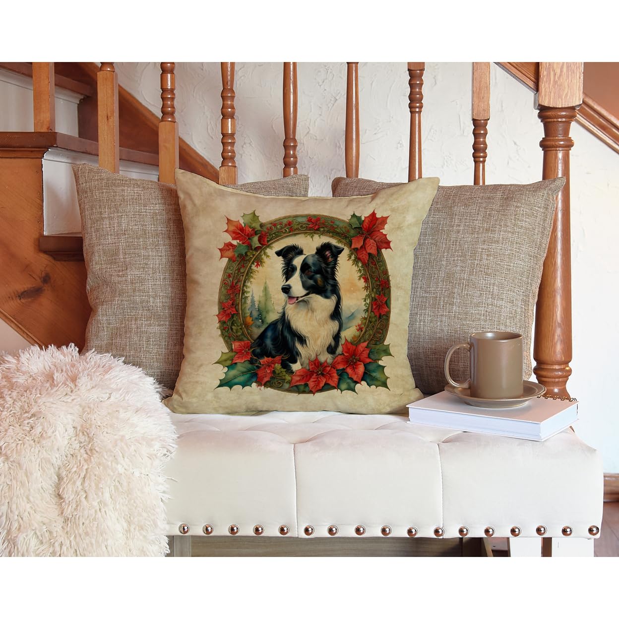 Caroline's Treasures DAC2324PW1414 Border Collie Christmas Flowers Throw Pillow Machine Washable, Indoor Outdoor Decorative Pillow for Couch, Bed or Patio, 14Hx14W