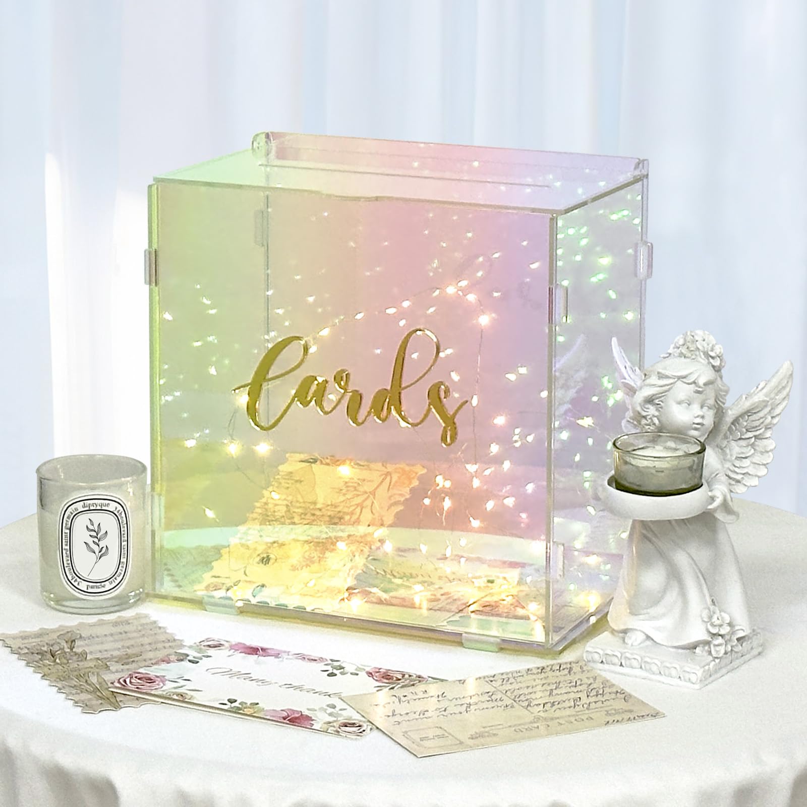 OurWarm Iridescent Acrylic Wedding Card Box with String Light, DIY Gift Card Box for Wedding Reception, Wedding Envelope Money Card Box Holder for Party Graduation Baby Shower Birthday Decorations