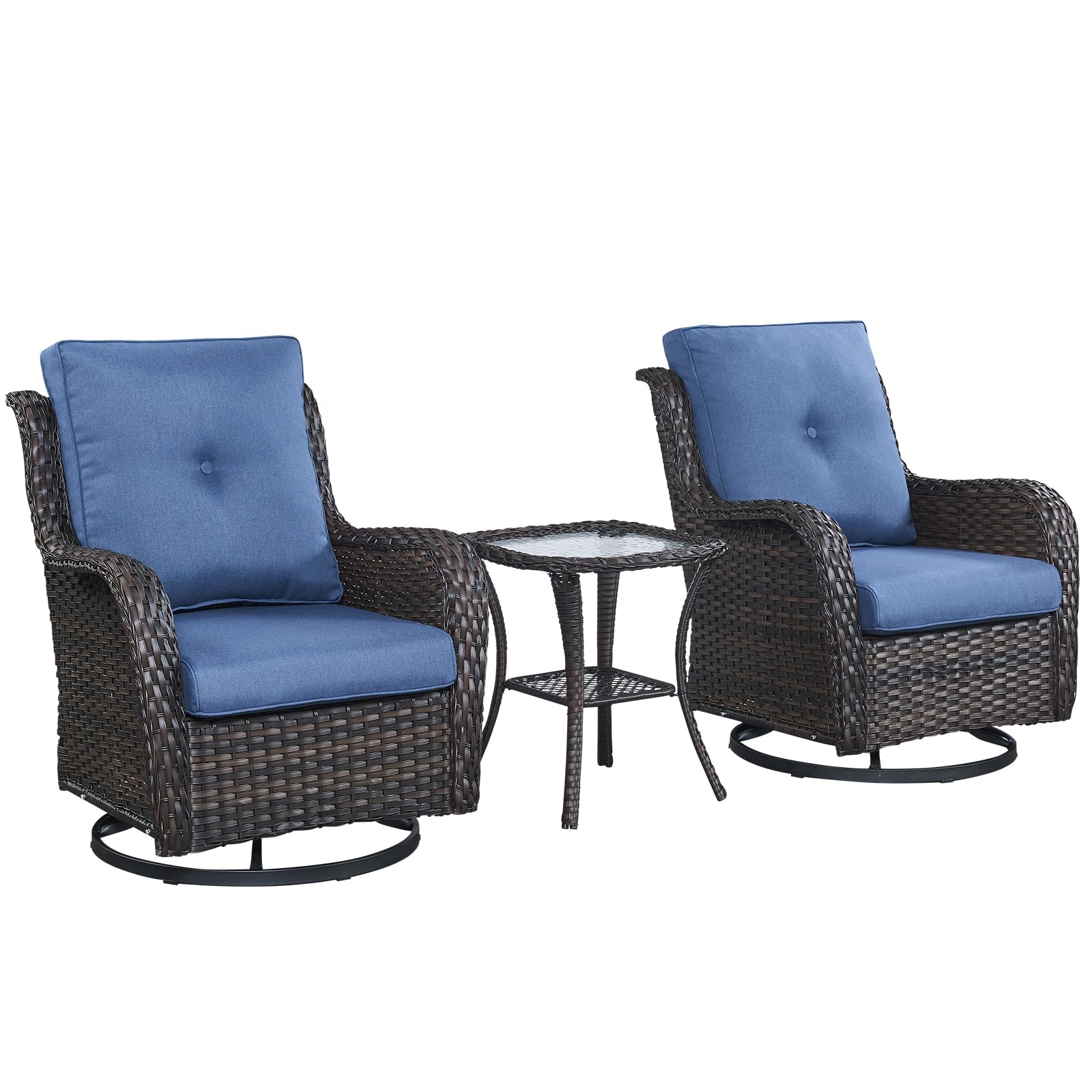 Outdoor Swivel Rocker Patio Chairs with Side Table 3 Pieces PE Wicker Patio Furniture Set for Porch Deck Balcony Garden-Brown/Blue