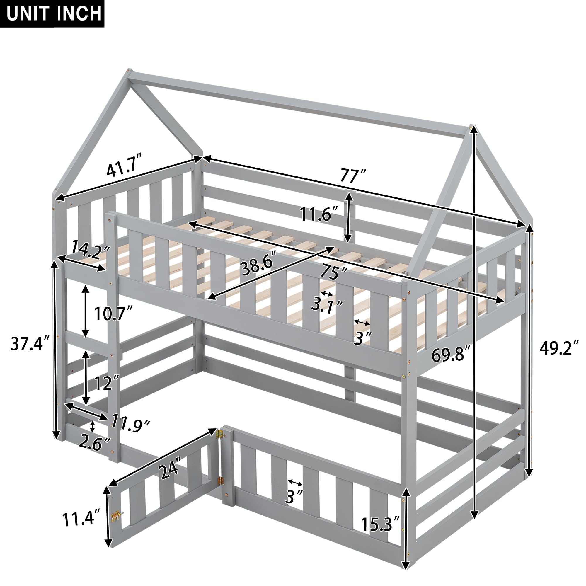 Favfurish Twin Over Twin House Bunk Bed with Fence and Door,Solid Wood Down Bed Frame,w/Sky Roof & Safety Guardrail,No Box Spring Needed,for Kids, Teens, Girls, Boys,Grey