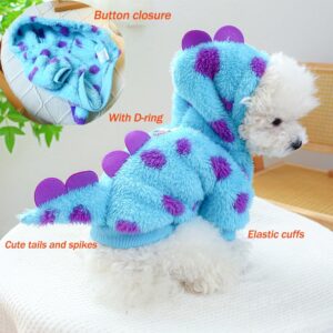 Anelekor Dinosaur Dog Clothes for Small Dog Girl Boy,Fleece Winter Puppy Hoodies with Leash Ring,Cold Weather Coat for Cat,Funny Dog Dinosaur Costume for Christmas Halloween. (Blue-2, X-Small)