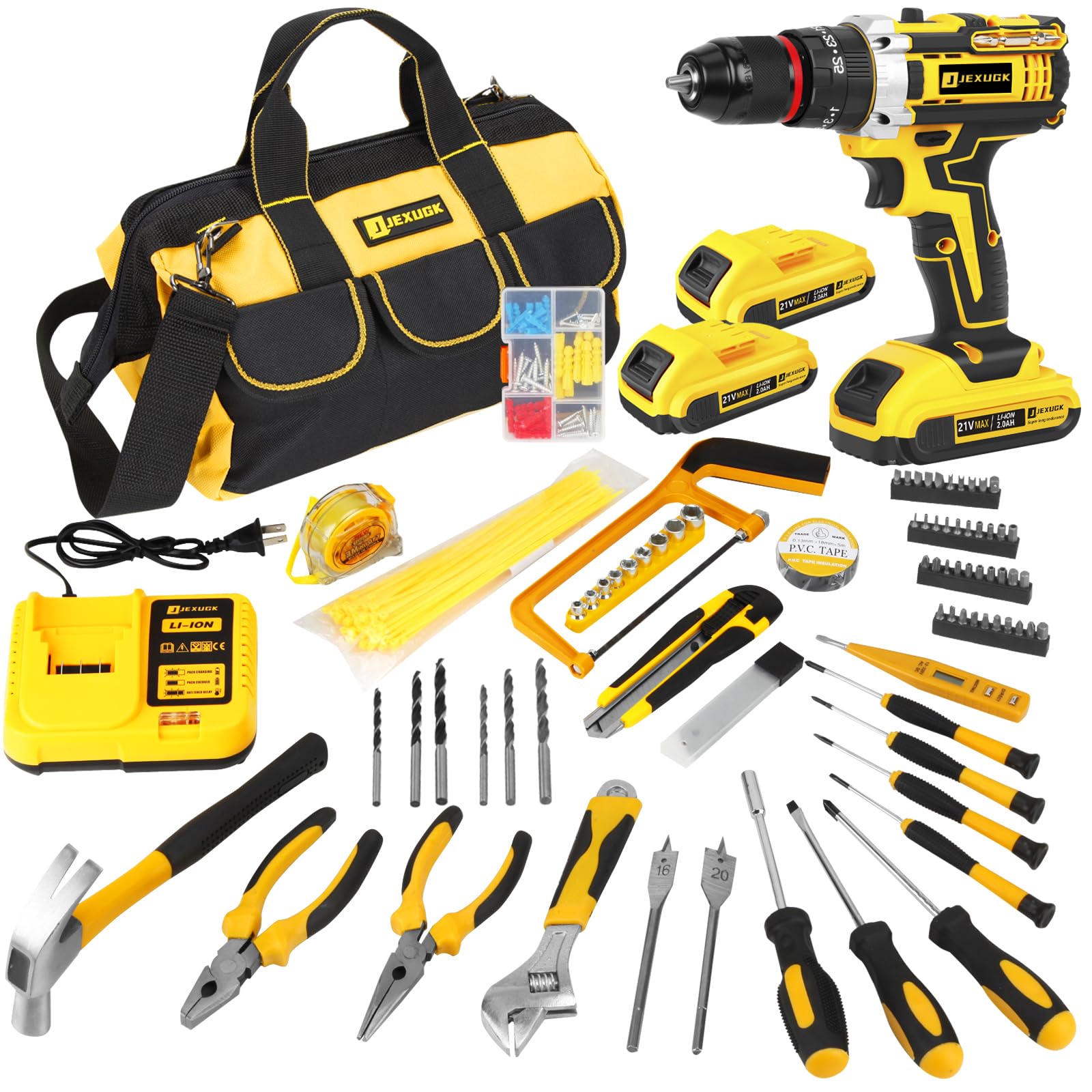 JEXUGK Home Tool Set with Power Drill, 245PCS Cordless Drill Set with 21V Battery Drill Driver, All Purpose Household Repairing Tool Kit with Drill, 25+3 Clutch Impact Combo Kit With Tool Bag