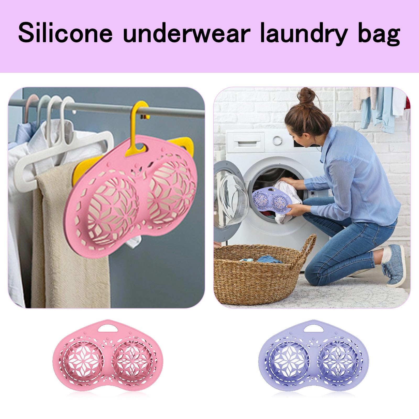 2 Pcs Lingerie Wash Bag, Silicone Delicates Bag For Washing Machine Bra Bags For Laundry Laundry Wash Bag For A-38D Cup, Maternity, Sports, Sexy Bras (Pink+Purple)