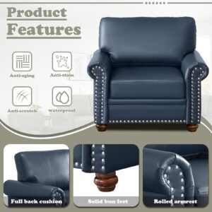 Antetek Comfy Upholstered PU Leather Sofa, 82.6-inch Mid-Century Modern Loveseat Sofas with Storage Space & Solid Bun Feet, 3-Seater Couches for Living Room Small Space, Bedroom, Navy Blue