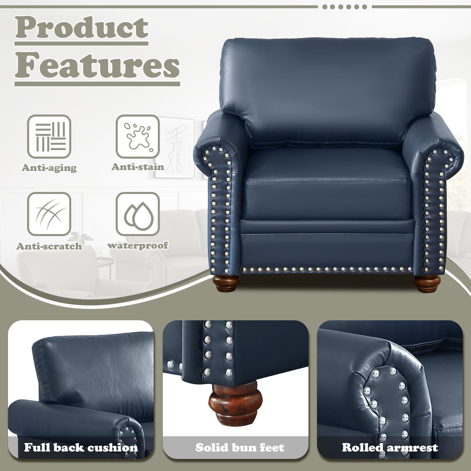 Antetek 2-Piece Comfy Upholstered PU Leather Sofa Couch Set, Mid-Century Modern Loveseat Sofa+3 Seater Couch with Storage Space for Living Room, Furniture Set, Navy Blue