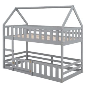 Bellemave House Bunk Bed for Kids, Twin Over Twin Floor Bunk Bed with Fence Railings and Door, Wooden Convertible Playhouse Loft Beds with Ladder for Boys Girls Teens, Gray