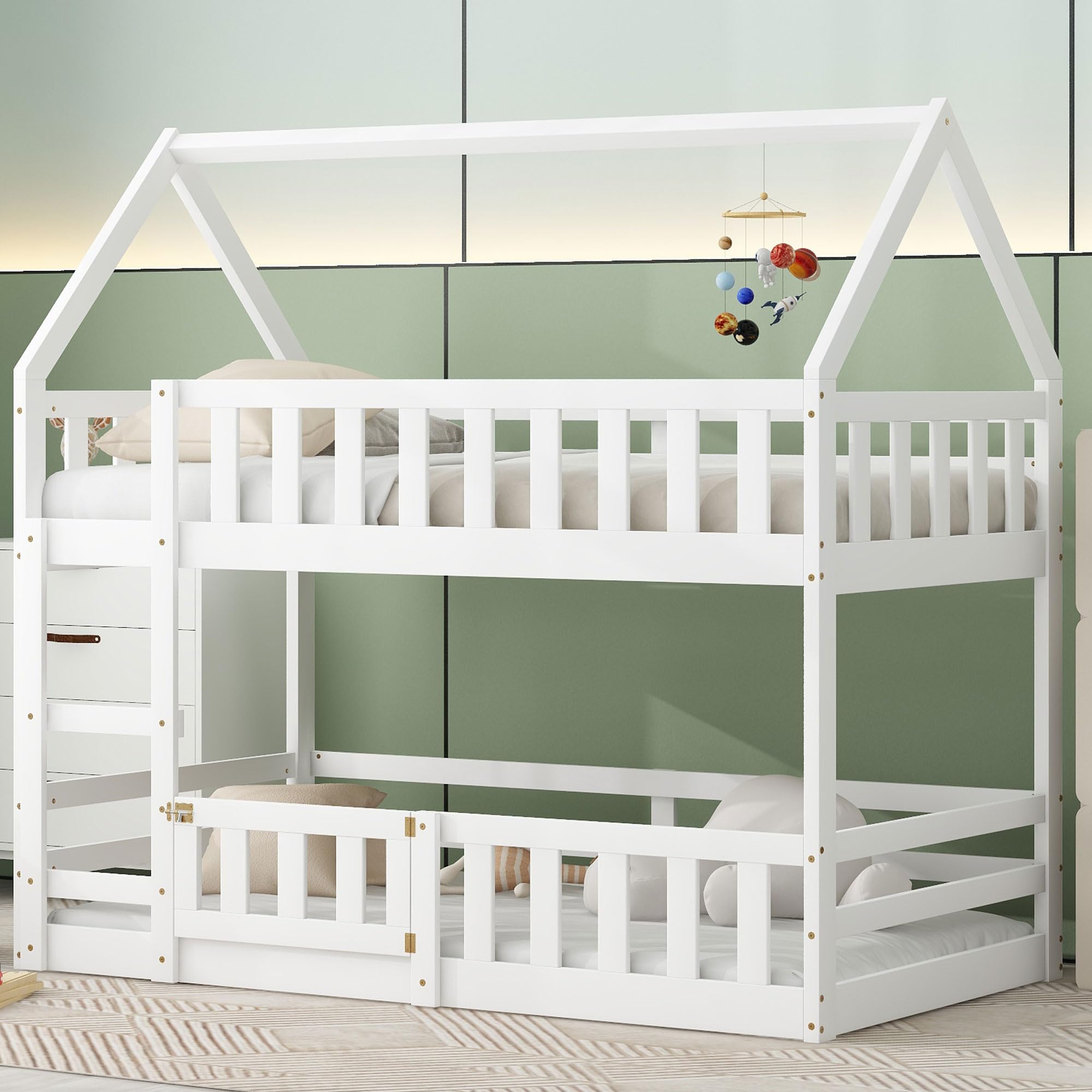 Merax House Bunk Bed Twin Over Twin, Modern Wood Floor Bunk Bed with Fence and Door, for Boys Girls Teens, White