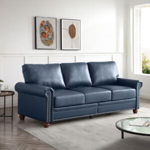 antetek comfy upholstered pu leather sofa, 82.6-inch mid-century modern loveseat sofas with storage space & solid bun feet, 3-seater couches for living room small space, bedroom, navy blue