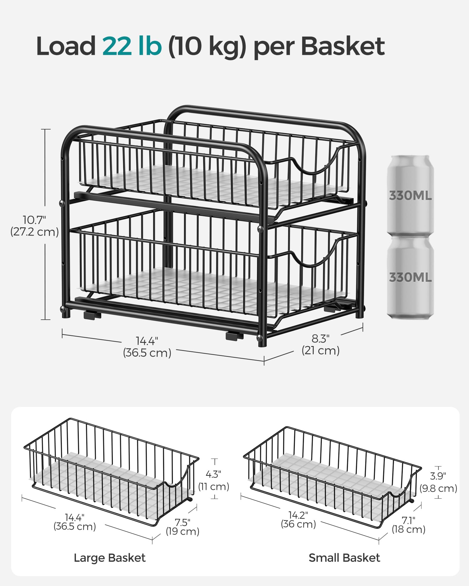 SONGMICS 2-Tier Pull Out Cabinet Organizers, Under Sink Organizer, Bathroom Organizer and Storage, Sliding Basket Drawers, Stackable for Kitchen, Bathroom, Ink Black UKCS017B01