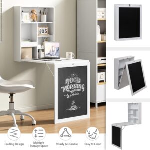 JAXPETY Wall Mounted Fold Out Desk with Storage Shelves Convertible Floating Desk Space Saving Wall Mount Table with Blackboard, White