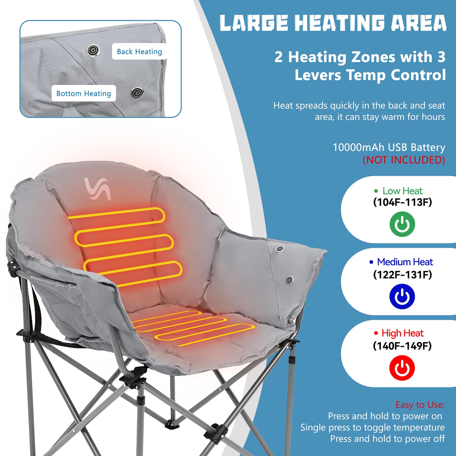 NAIZEA Oversized Heated Camping Chair, Patio Lounge Chairs with 3 Heat Levels for Back and Seat, Portable Folding Heated Chair Round Moon Saucer Folding Lawn Chair