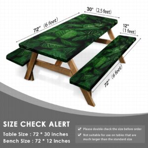 Picnic Table Cover with Bench Covers Elastic Edges, Green Leaves Fitted Table Cover, Outdoor Patio Camping Essentials 72 Inch 3PCS, Waterproof Fitted Tablecloth with Drawstring Bag