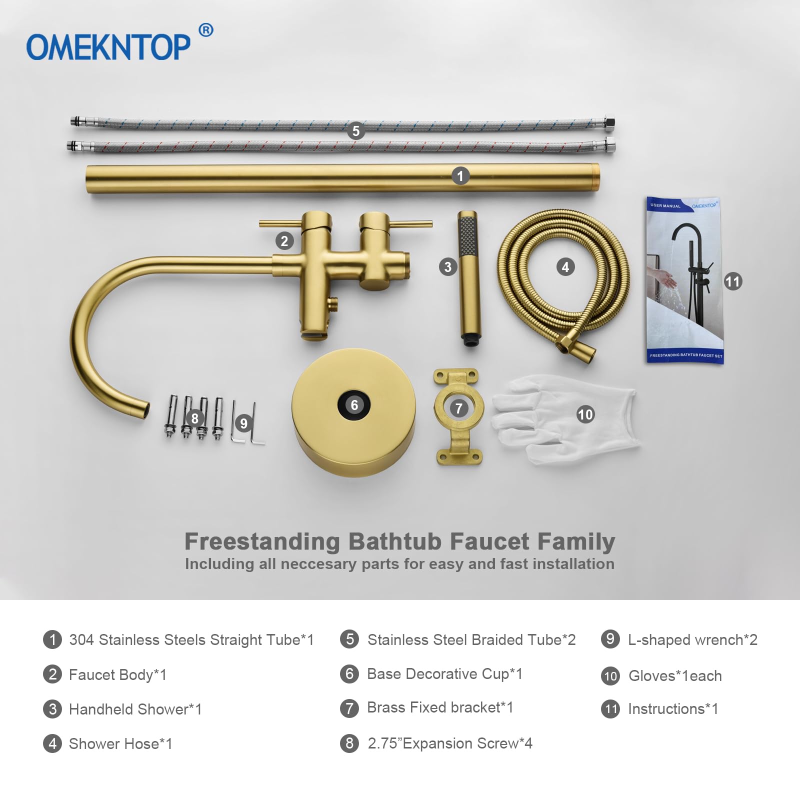 Freestanding Bathtub Faucet Floor Mount Tub Filler Brush Gold, OMEKNTOP Modern Freestanding Tub Faucet with 360 Swivel Gooseneck Spout and Handheld Shower, Standing Tub Faucet for Bathroom