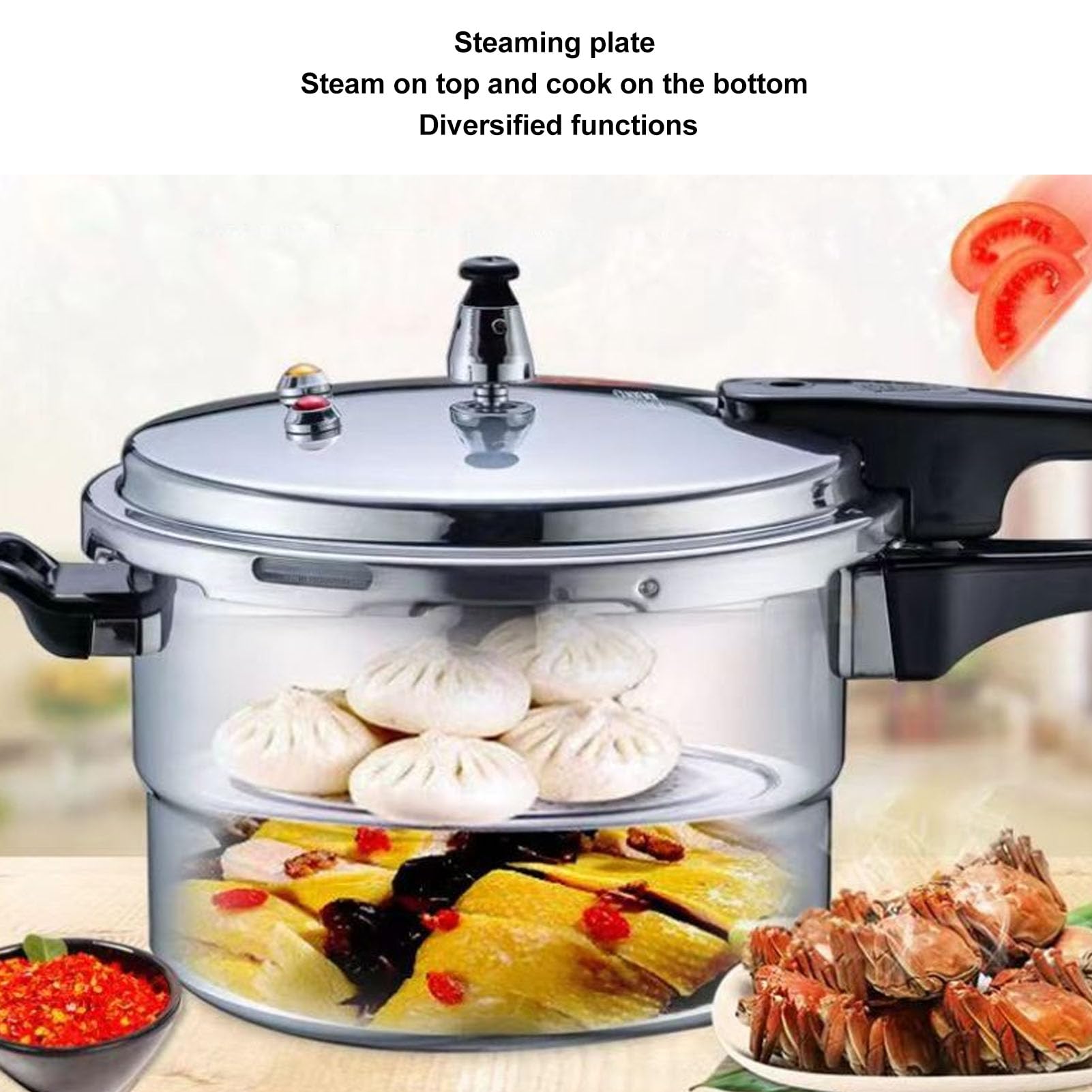 Stainless Steel Pressure Cooker, Kitchen Pressure Cooker for Induction and Stove Top, Pressure Canner with Safety Valves and Steaming Plate, Pressure Cooker for Porridge, Noodles