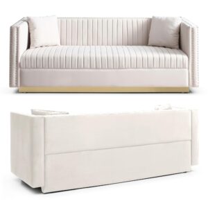 mikibama Modern Velvet Loveseat Sofa, 78 Inch Channel Tufted Sofa Couch, Luxury 3 Seater Couch with 2 Pillows and Gold Metal Legs for Living Room, Bedroom, Apartment (Beige)