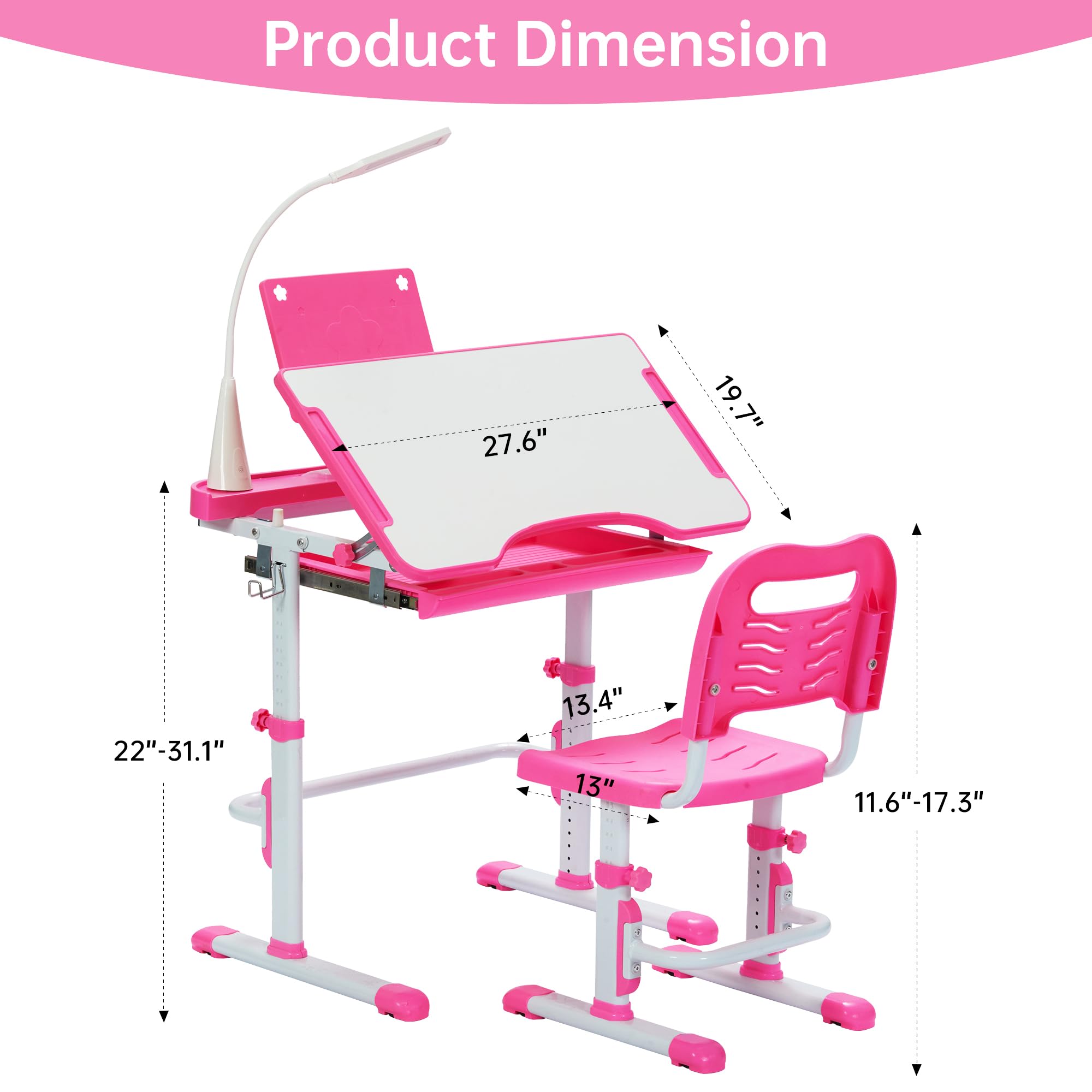 Real Relax Height Adjustable Childrens Desk and Chair Set, Kid's School Workstation with Tilt Desktop, Pink