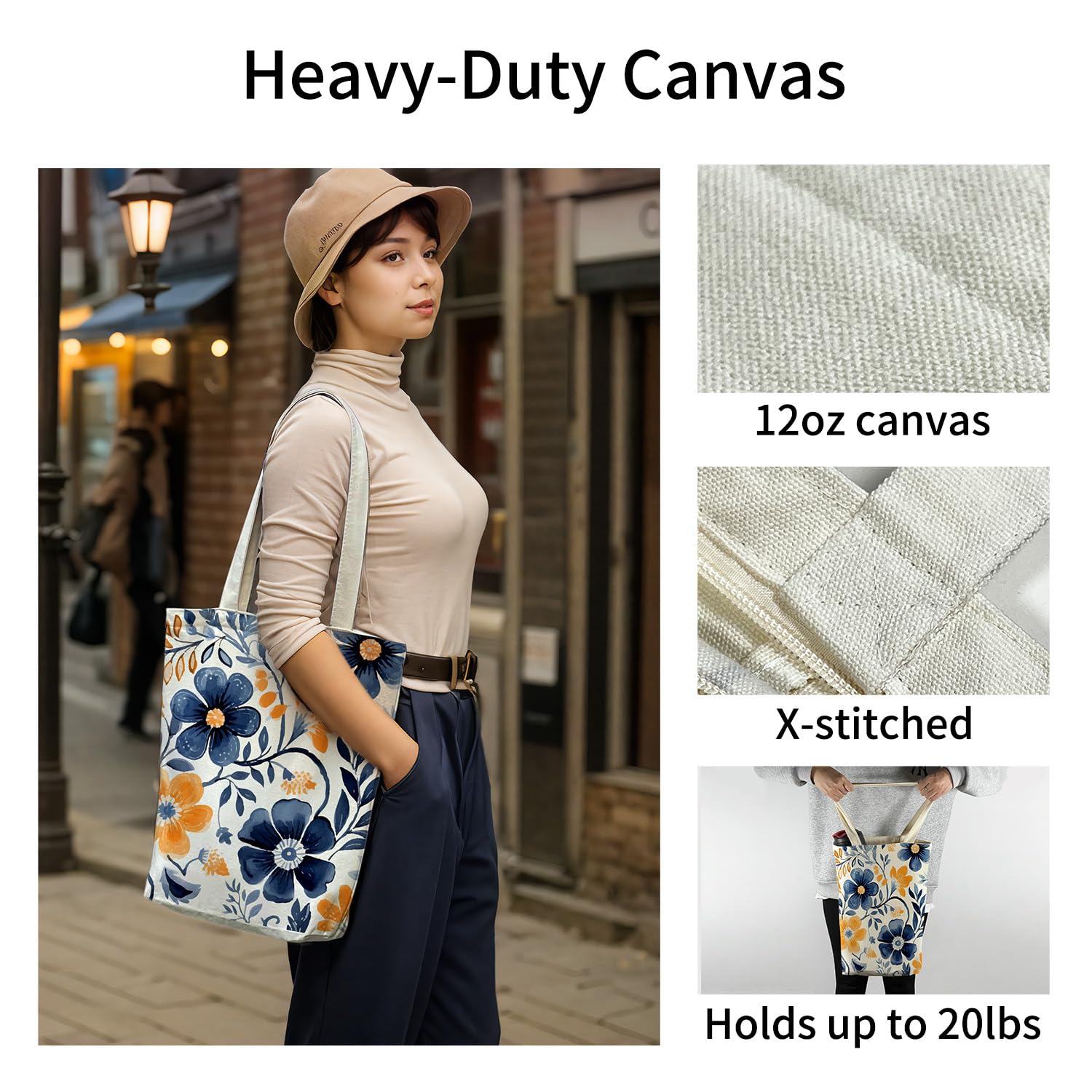 Canvas Tote Bag With Zipper Floral Tote Bag Women Canvas Tote Bag Pocket Handles Double-Sided Pattern Flower Book Tote Shoulder Bag Canvas Bag for Grocery Shopping Travel Commuting Daily College Gifts