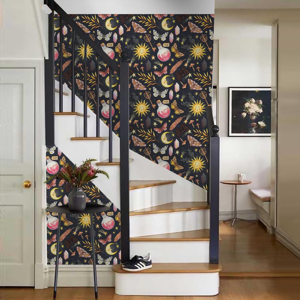 BEETAL Black Navy Fantasy Magical Sun Moon Crystal Butterfly Mushroom Stars Peel and Stick Wallpaper Easy Peel Off Contact Paper Stick on Adhesive Wall Paper for Bathroom Waterproof Renter