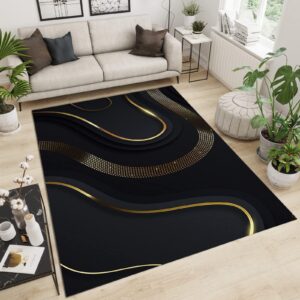 TAZECE Abstract Black Gold Ribbon Living Room Rug, Stylish 3D Black Background Soft Breathable Bedroom Rug, with Anti-Slip Backing, Easy to Clean Rugs, for Office Restaurant Entrance 6x8ft