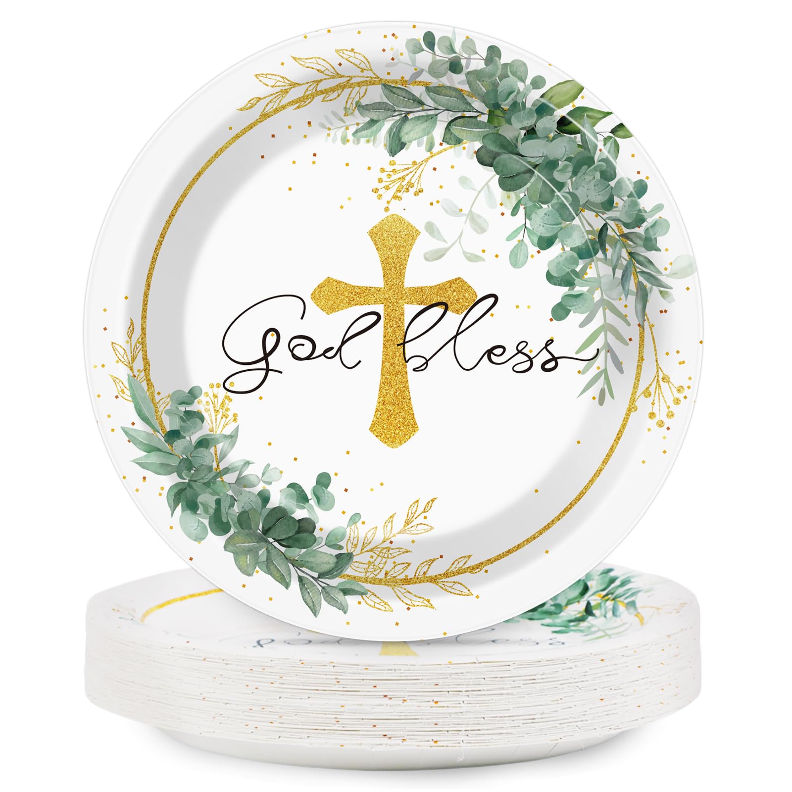 48pcs 7inch God Bless Baptism Plates First Holy Communion Tableware Newborn Baby Shower Mi Bautizo Eucalyptus Leaves Sage Disposable paper Dinnerware for Christening Religious Church Party Decorations