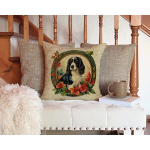 Caroline's Treasures DAC2359PW1414 English Springer Spaniel Christmas Flowers Throw Pillow Machine Washable, Indoor Outdoor Decorative Pillow for Couch, Bed or Patio, 14Hx14W