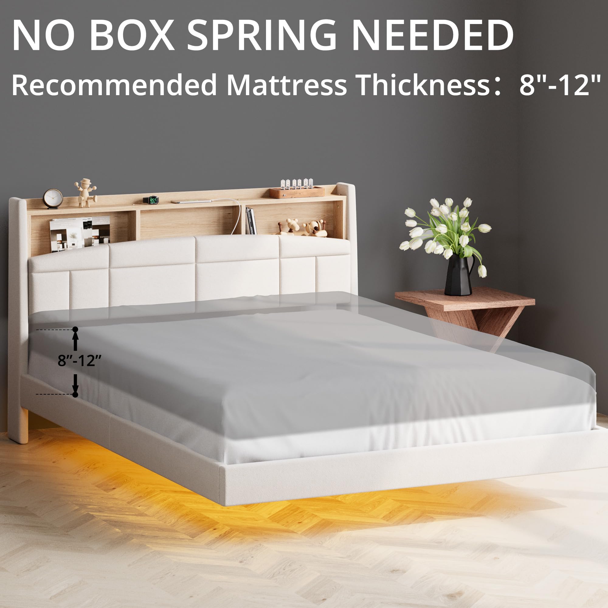 ANCTOR Floating King Bed Frame with Charging Station, Tall Bookcase Headboard, Solid Wood Slats Support, No Box Spring Needed, Easy to Assemble