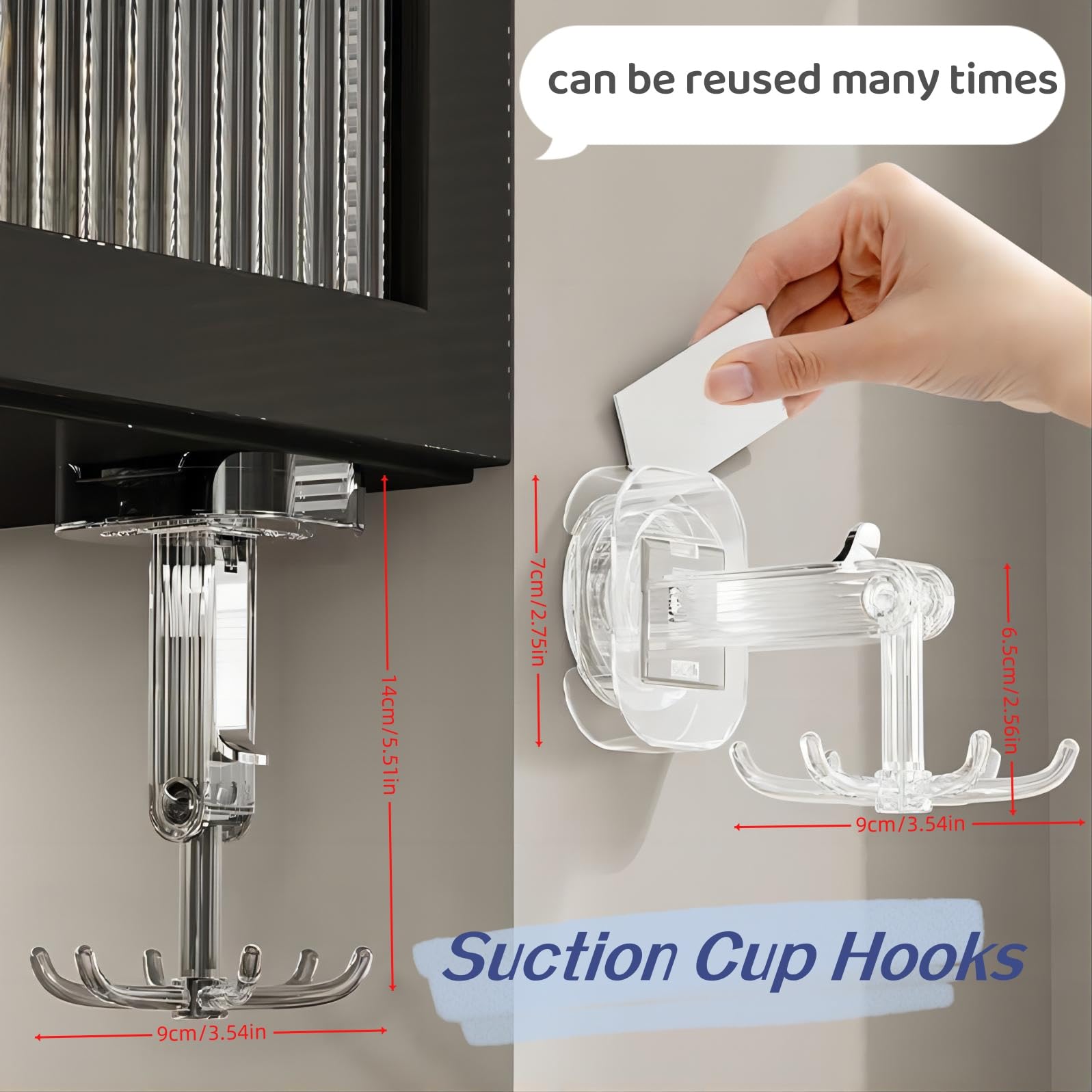 QruiLanTu Hanging Utensil Holder Hooks Kitchen Utensil Hanger Wall Mount 360° Rotating Folding Hook Strong suction cup hook Utensil Rack with 6 Hooks for Kitchen Bathroom Cabinet (Transparent Grey)