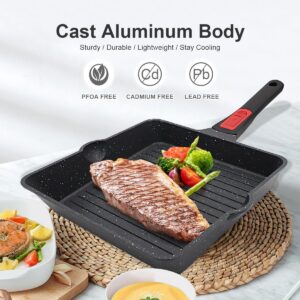 AIKENBBKK Nonstick Square Grill Pan 9.5 Inch, Cast Aluminium Steak Pan with Detachable Handle, Oven& Dishwasher Safe, Double Pour Spouts, Black