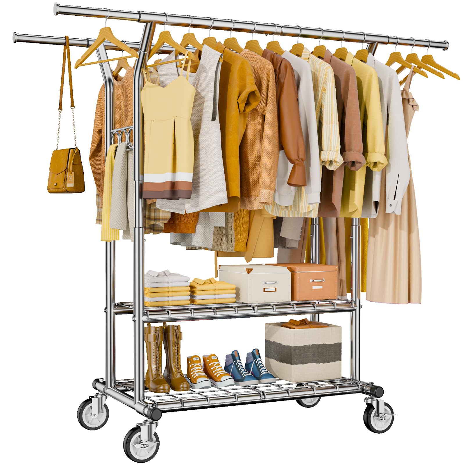 HYSEYY Heavy Duty Clothes Rack, Rolling Clothing Rack With Shelves Load 620 LBS, Double Rod Clothing Racks for Hanging Clothes, Portable& Adjustable Clothes Rack with Wheels Garment Rack