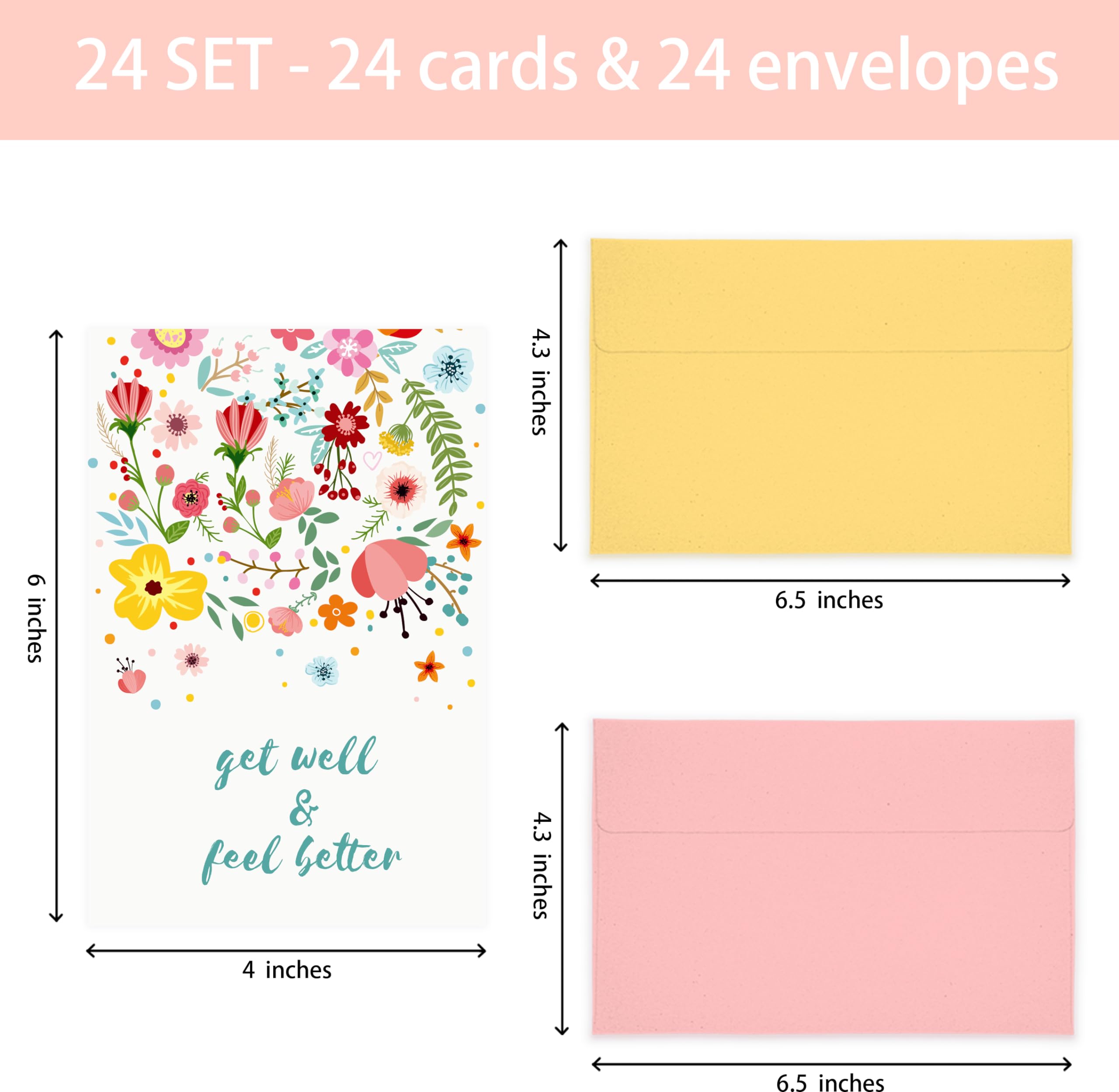 Nihuecne 24 Pack Floral Get Well Cards with Self-adhesive Envelopes, 4"x6" Boxed Prefilled Get Well Soon Greeting Note Cards to Friends, Relatives or Loved One, 24 Unique Designs