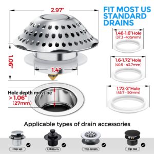 zaa 2Pack Tub Stopper Bathtub Drain Cover and Hair Catcher, Pop Up Bathtub Drain Plug & Strainer, Replaces Bath Tub Lift & Turn, Tip-Toe or Trip Lever, for 1.46-2" W Drain Hole, Silver, Black