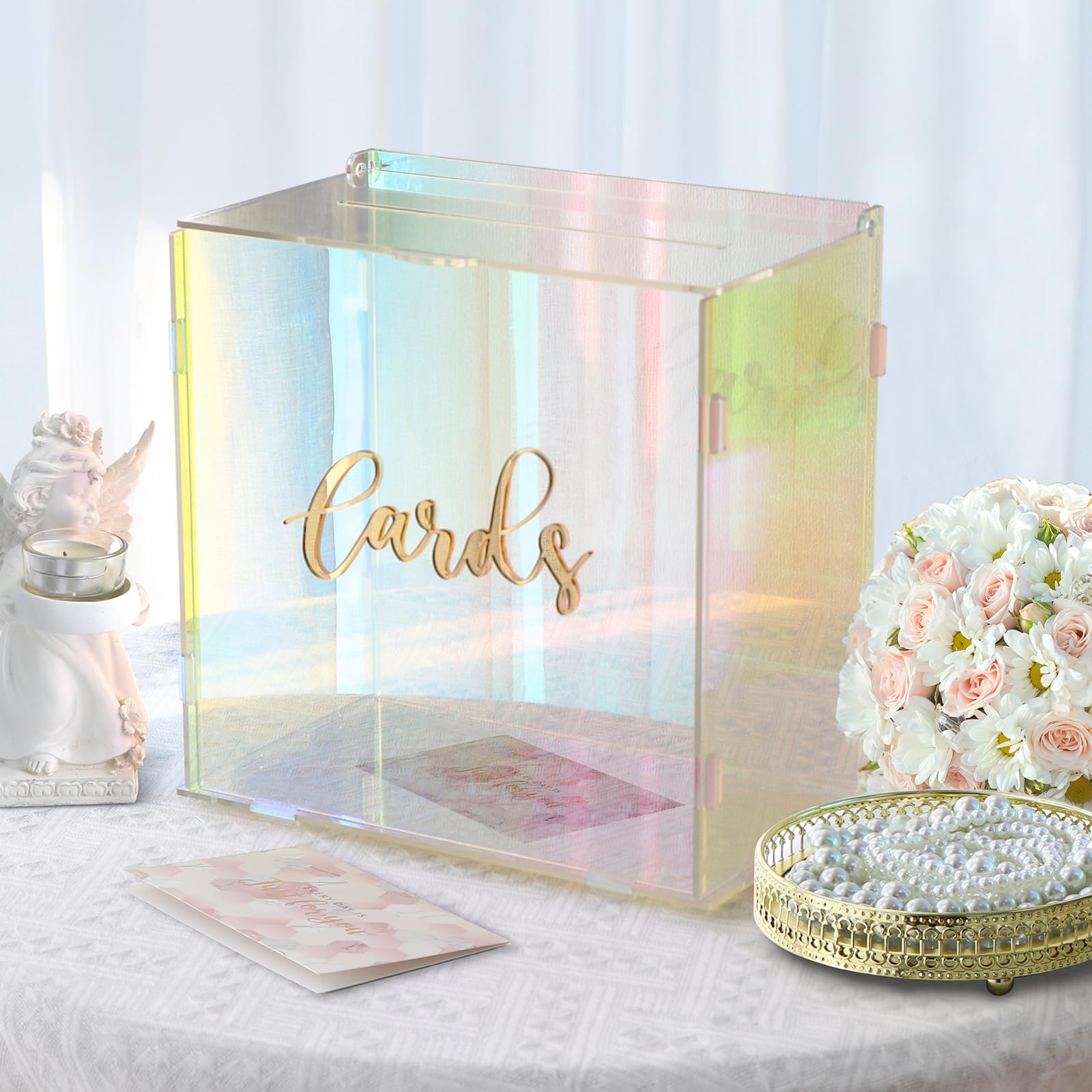 OurWarm Iridescent Acrylic Wedding Card Box with String Light, DIY Gift Card Box for Wedding Reception, Wedding Envelope Money Card Box Holder for Party Graduation Baby Shower Birthday Decorations