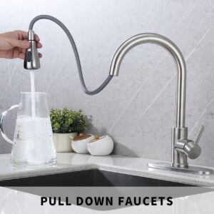 Kitchen Faucet with Pull Down Sprayer- Brushed Nickel Sink Faucets, 360° Swivel Single Handle High Arc Stainless Steel, Commercial Modern Kitchen-Faucets, 1/3 Hole, Deck Plate Included (2-Model)