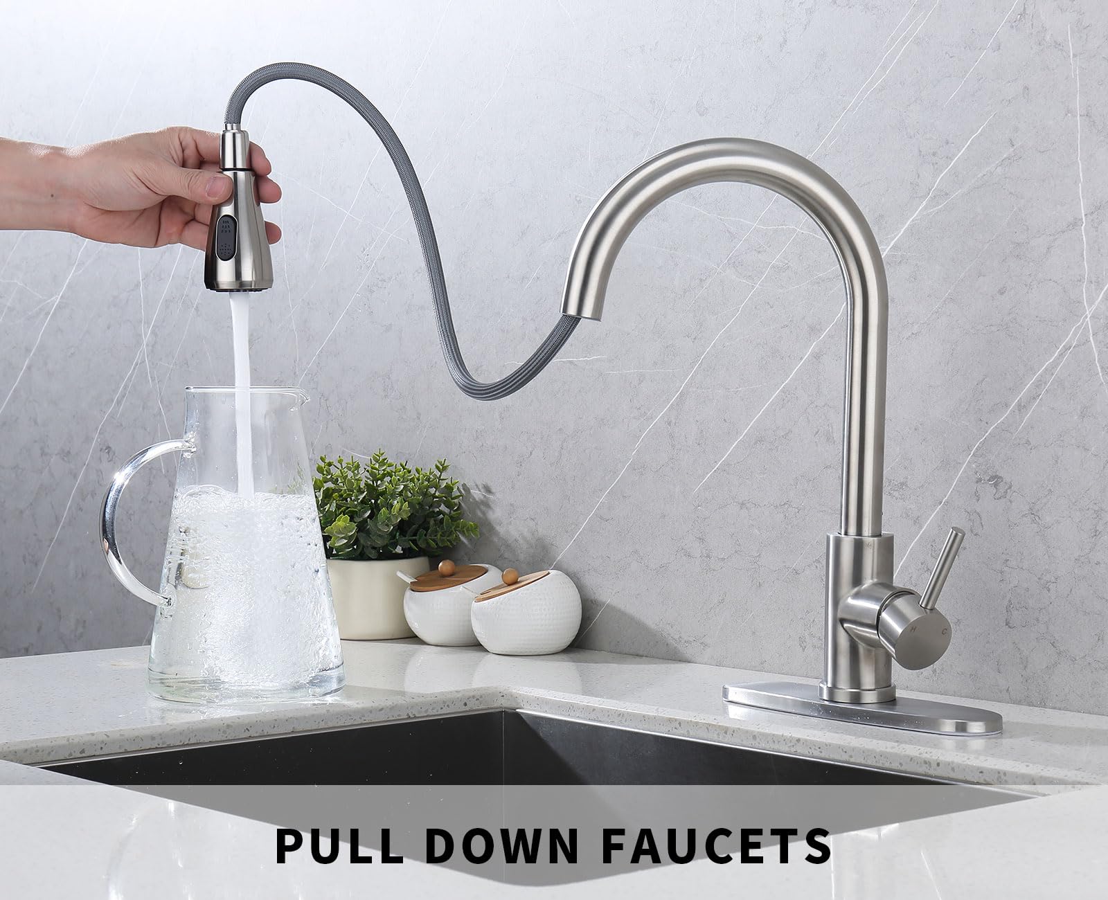 Kitchen Faucet with Pull Down Sprayer- Brushed Nickel Sink Faucets, 360° Swivel Single Handle High Arc Stainless Steel, Commercial Modern Kitchen-Faucets, 1/3 Hole, Deck Plate Included (2-Model)