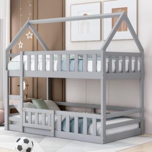 bellemave house bunk bed for kids, twin over twin floor bunk bed with fence railings and door, wooden convertible playhouse loft beds with ladder for boys girls teens, gray