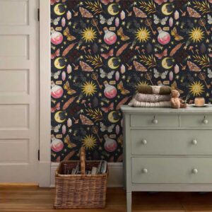 BEETAL Black Navy Fantasy Magical Sun Moon Crystal Butterfly Mushroom Stars Peel and Stick Wallpaper Easy Peel Off Contact Paper Stick on Adhesive Wall Paper for Bathroom Waterproof Renter